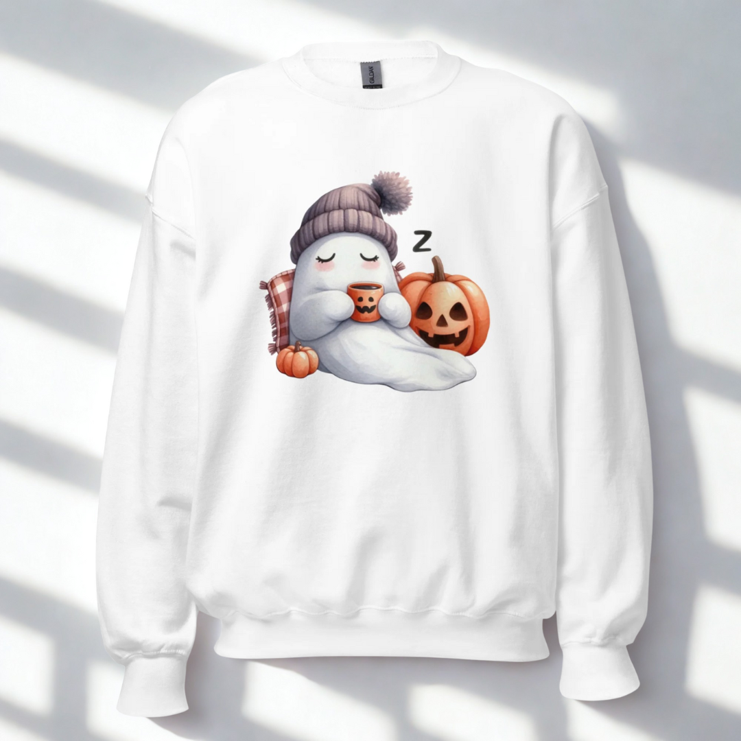 Cozy Sleepy Ghost Halloween Sweatshirt – Cute Pumpkin & Fall Coffee Pullover