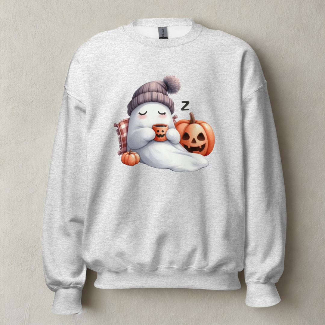 Cozy Sleepy Ghost Halloween Sweatshirt – Cute Pumpkin & Fall Coffee Pullover