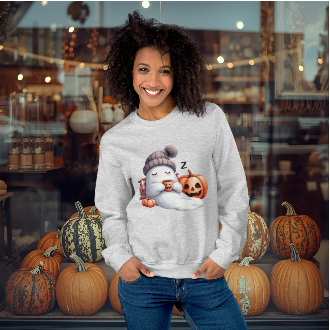 Cozy Sleepy Ghost Halloween Sweatshirt – Cute Pumpkin & Fall Coffee Pullover