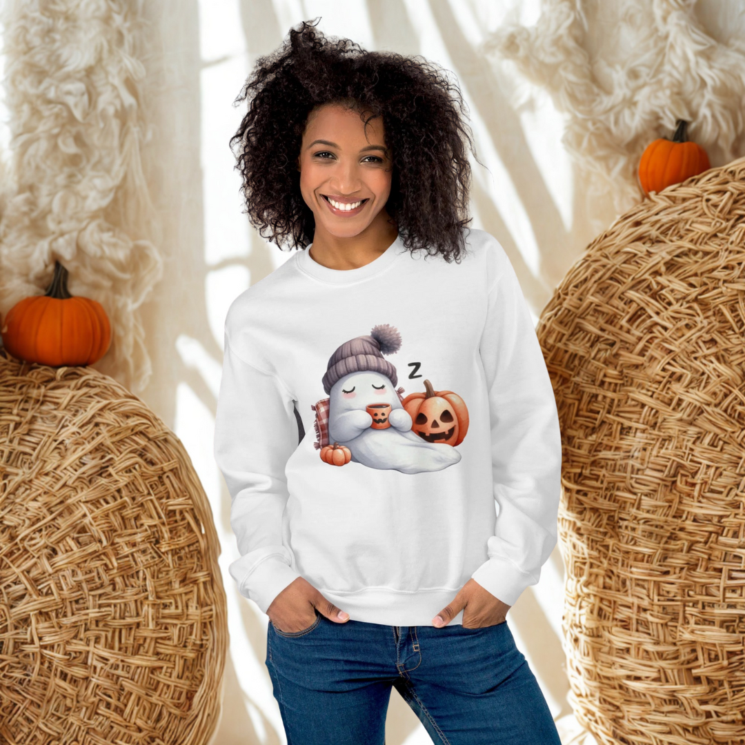 Cozy Sleepy Ghost Halloween Sweatshirt – Cute Pumpkin & Fall Coffee Pullover
