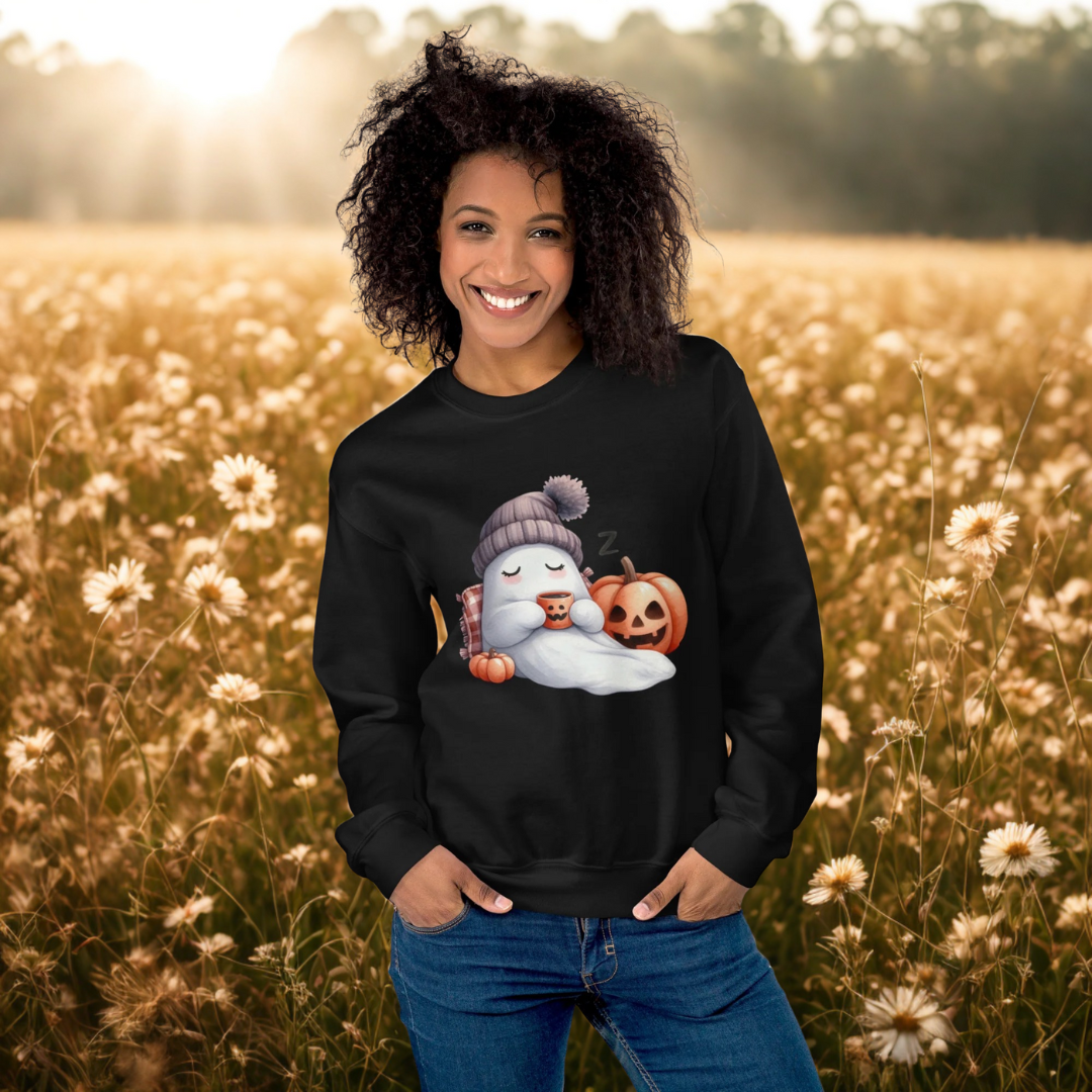 Cozy Sleepy Ghost Halloween Sweatshirt – Cute Pumpkin & Fall Coffee Pullover