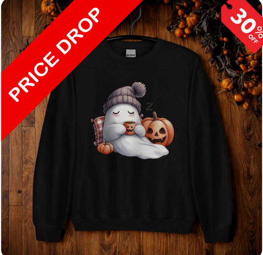 Cozy Sleepy Ghost Halloween Sweatshirt – Cute Pumpkin & Fall Coffee Pullover
